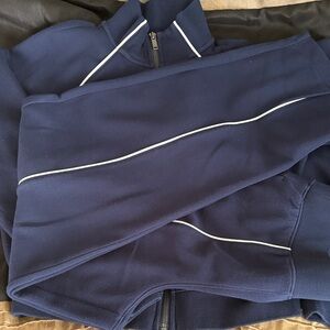 SPANX Essentials Navy Zip-Up Jacket and pants with White Piping